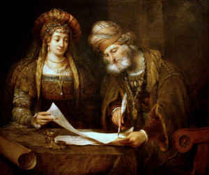 Esther en Mordechai schrijven hun brief. Aert de Gelder, Dordrecht, 1675